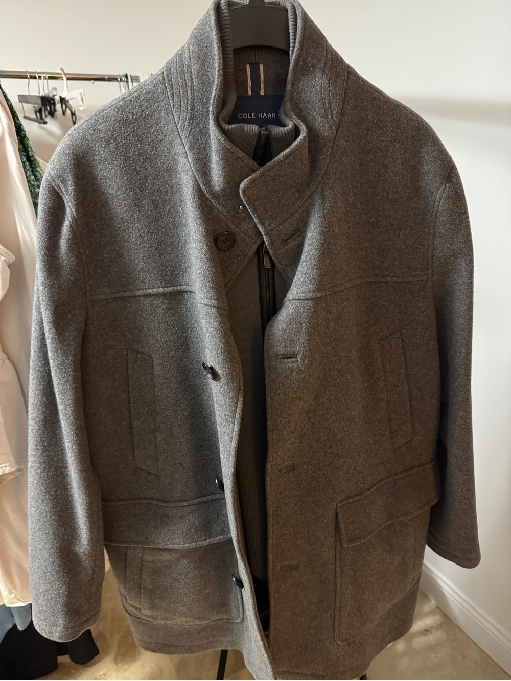 Cole Haan Men's Charcoal Gray Pea Coat with Stand Collar